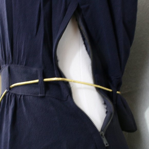Vintage 40's Navy Blue Crepe Dress w/Embroider Pocket & Gold Cord Belt SZ XS EUC - Picture 7 of 7